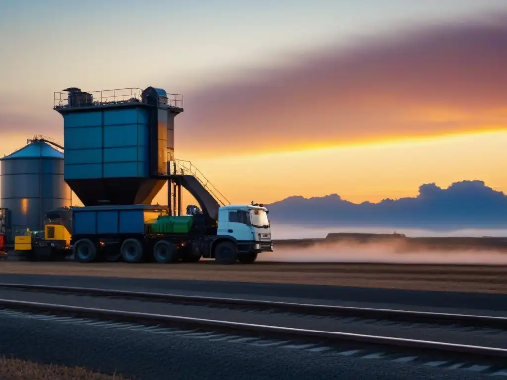 Una planta de reciclaje al atardecer, maquinaria moderna destacando contra el cielo vibrante