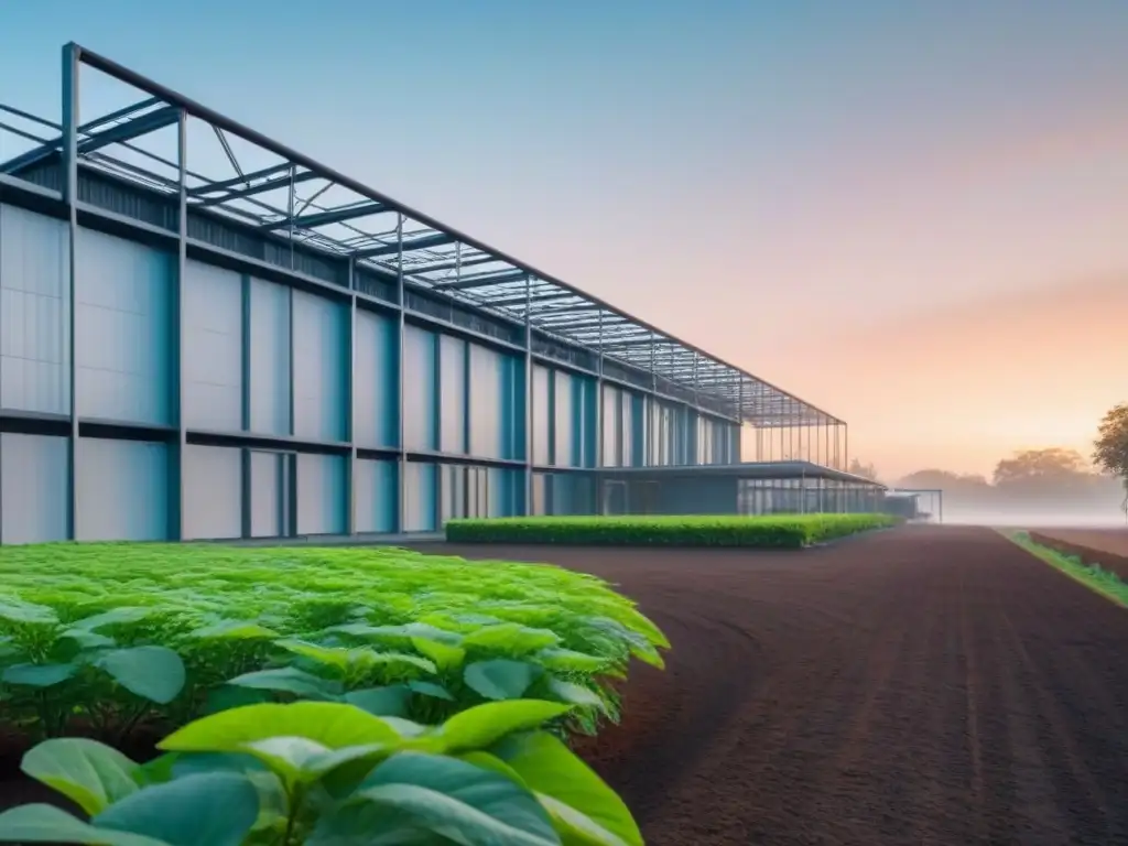 Planta de reciclaje Ecoalf al atardecer, fusionando modernidad y sostenibilidad en armonía con la naturaleza