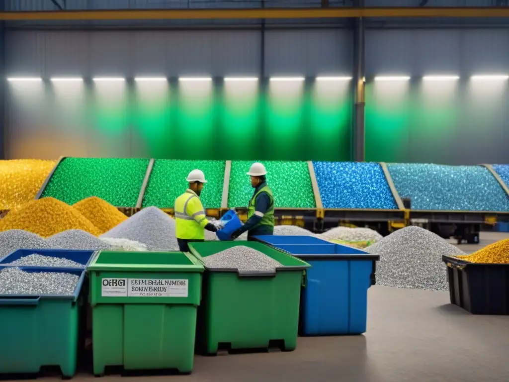 Una planta de reciclaje eficiente con trabajadores ordenando materiales en diferentes contenedores bajo luces industriales brillantes