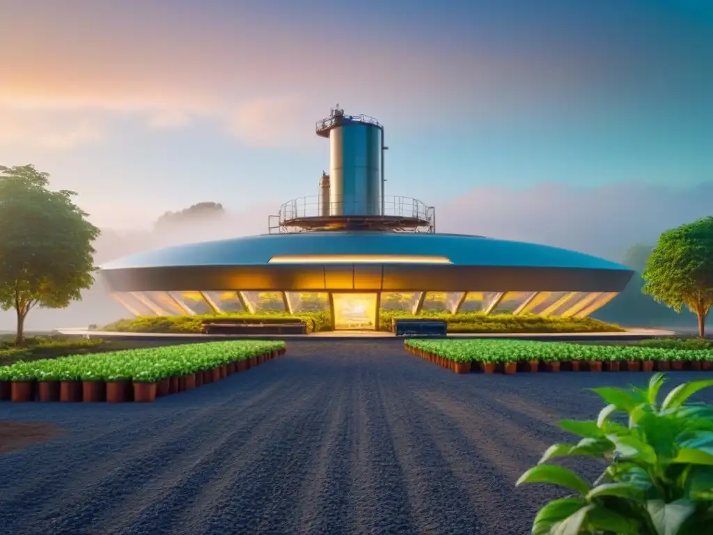 Una planta de reciclaje futurista rodeada de naturaleza, simbolizando innovaciones tecnológicas en la economía circular