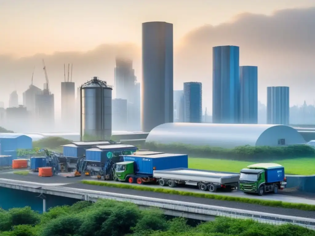 Una planta de reciclaje futurista con tecnología avanzada y brazos robotizados ordenando materiales reciclables, en una ciudad verde