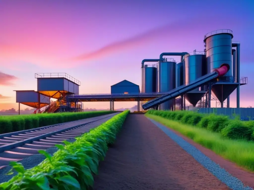 Planta de reciclaje moderna al atardecer, con estructuras metálicas y cintas transportadoras, rodeada de vegetación, en gestión residuos sostenible Pacto Verde