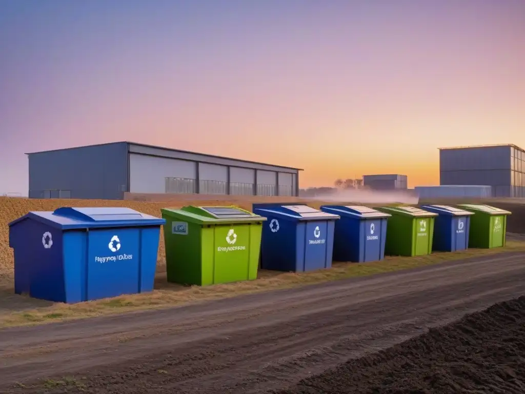 Planta de reciclaje moderna al atardecer, iluminada con luces LED, con contenedores de reciclaje ordenados