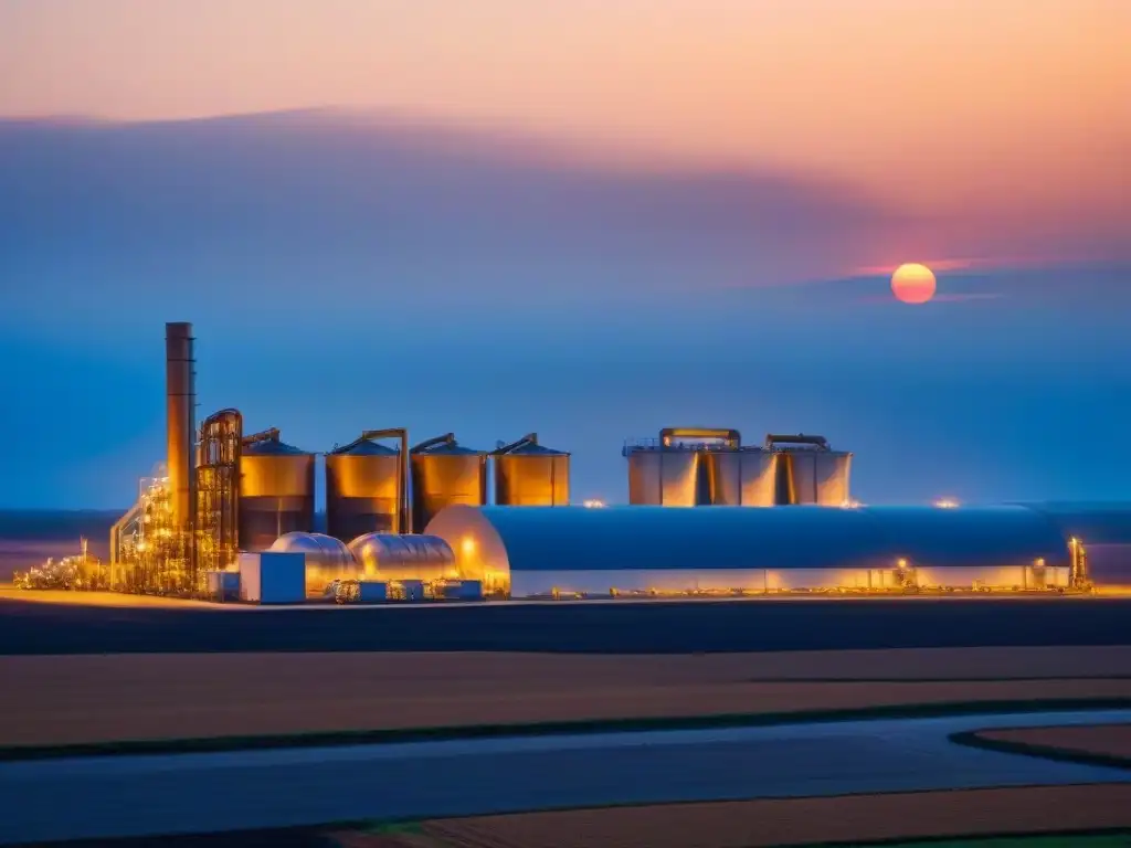Planta de reciclaje moderna al atardecer, simbolizando la armonía entre sostenibilidad e innovación en desafíos cadena suministro zero waste