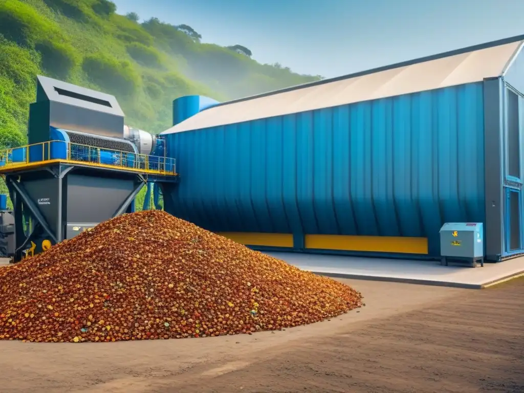 Una planta de reciclaje moderna y eficiente rodeada de naturaleza, destacando la transición hacia un modelo de consumo responsable economía circular