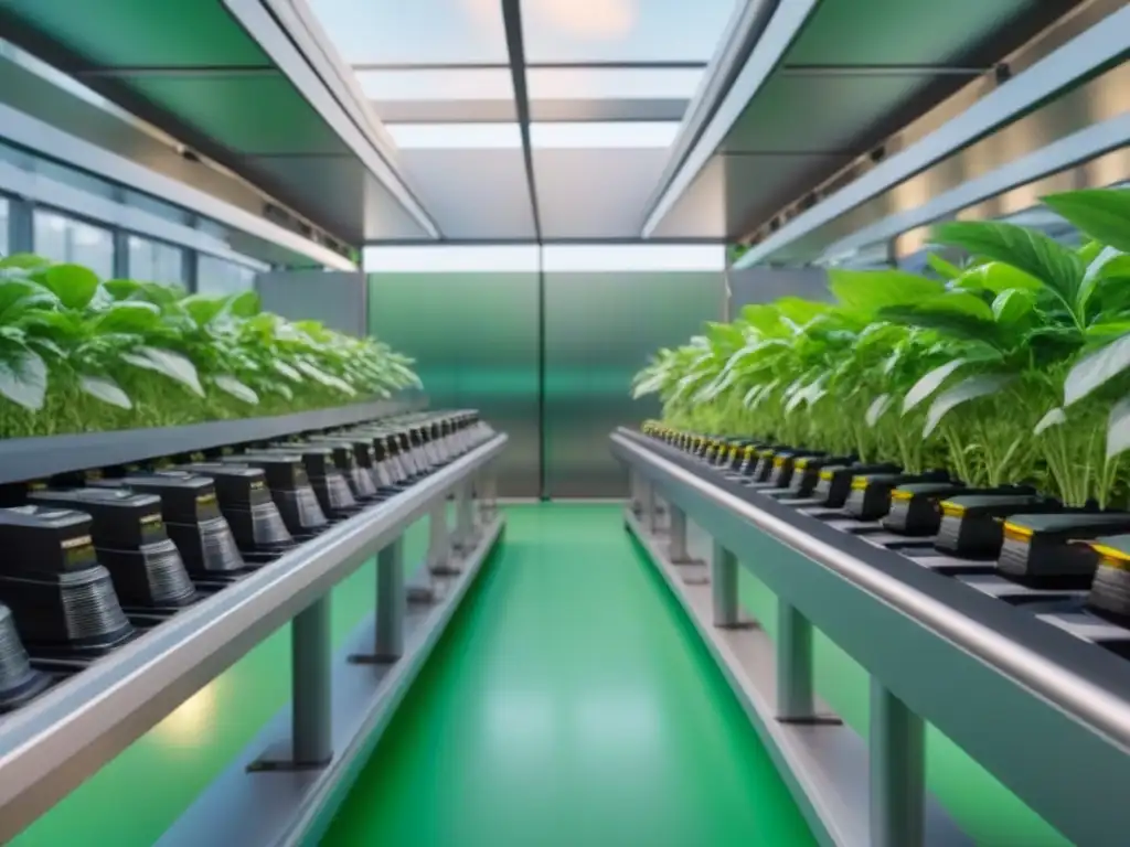 Planta de reciclaje moderna con Inteligencia Artificial, robots clasificando materiales con precisión, rodeada de vegetación y paneles solares