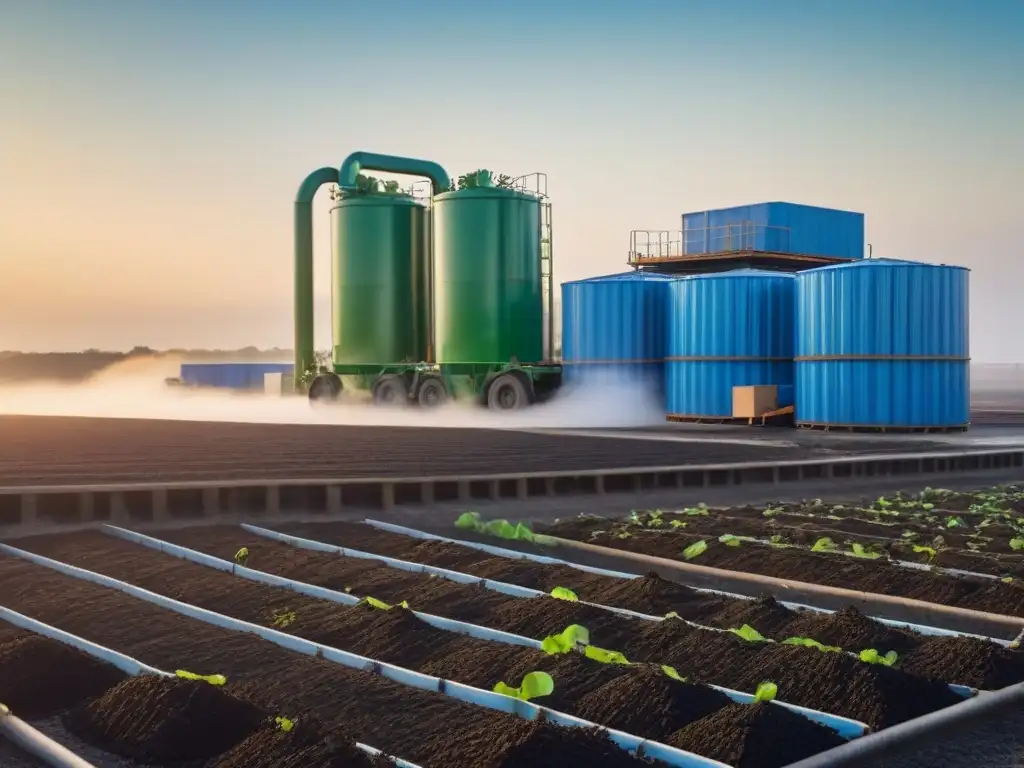 Planta de reciclaje moderna al amanecer, con líneas limpias y colores eco-amigables