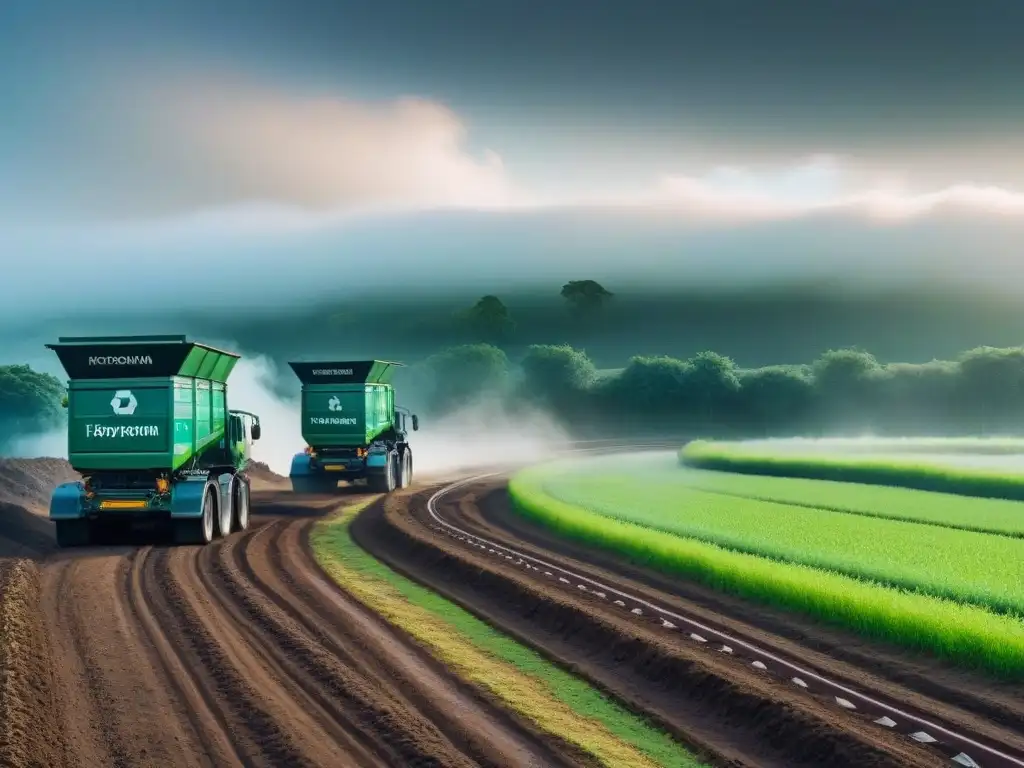 Una planta de reciclaje moderna con maquinaria de alta tecnología clasificando desechos, rodeada de naturaleza