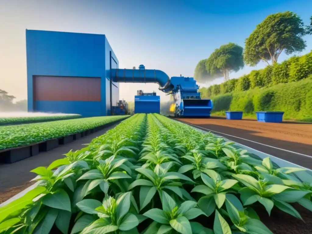 Planta de reciclaje moderna con maquinaria avanzada, rodeada de vegetación, cielo azul