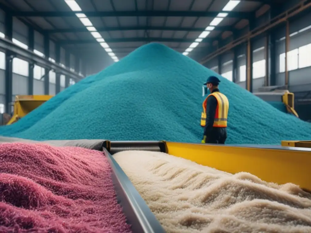 Una planta de reciclaje moderna y minimalista clasifica textiles de colores, con empleados supervisando el proceso de manera precisa