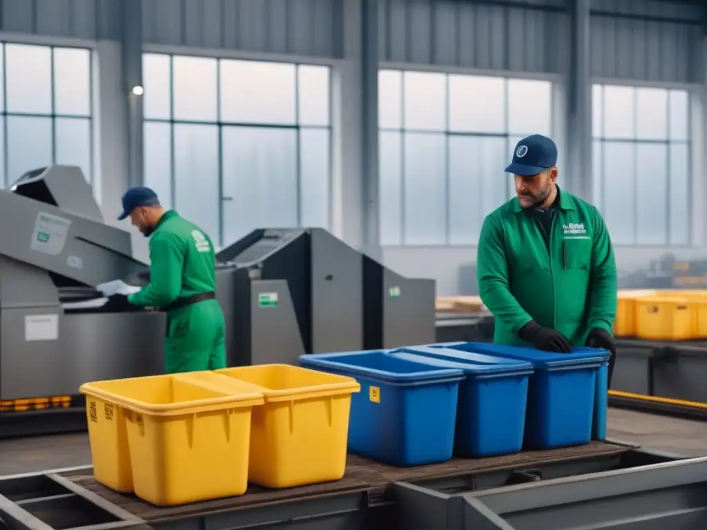 Una planta de reciclaje moderna y minimalista, con trabajadores en uniformes ecológicos, clasificando residuos