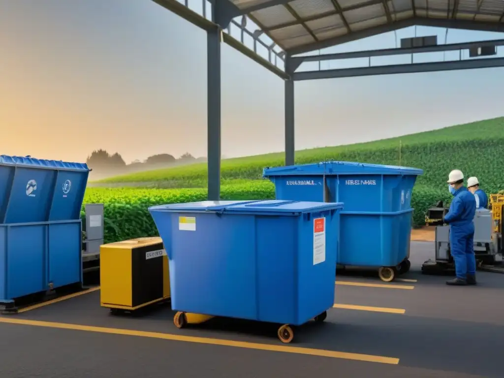 Planta de reciclaje moderna al amanecer, gestión residuos estilo vida sostenible, eficiencia y sostenibilidad en acción