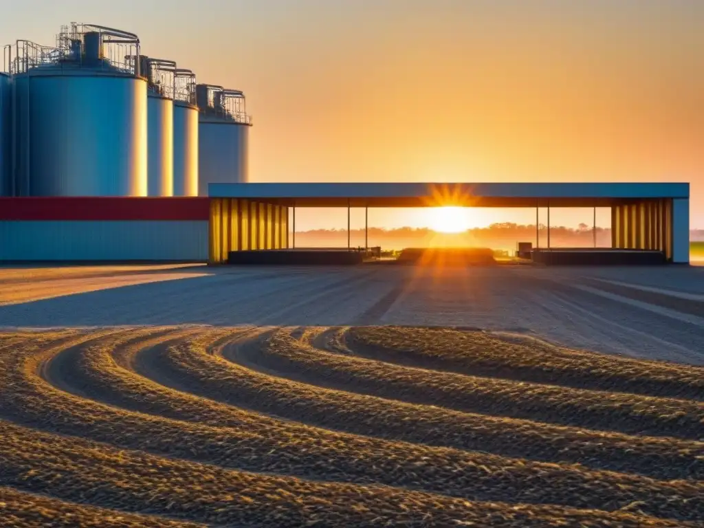 Planta de reciclaje moderna al amanecer, con tecnología avanzada