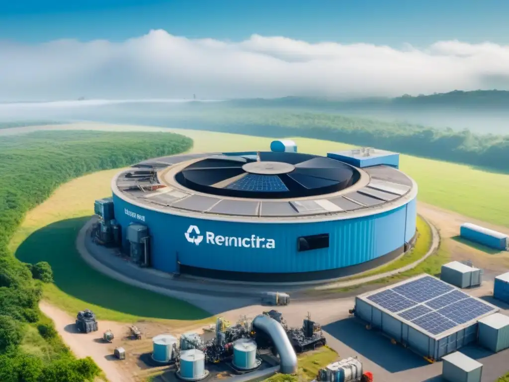 Una planta de reciclaje de residuos electrónicos futurista en armonía con la naturaleza, demostrando la economía circular en manejo de electrónicos