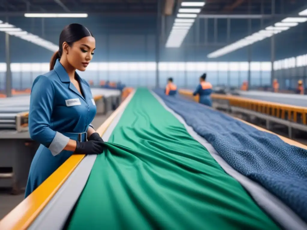 Una planta de reciclaje textil moderna y sostenible, con trabajadores organizando telas por color y tipo