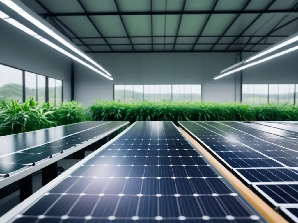 Planta de fabricación textil futurista y sostenible rodeada de vegetación exuberante y paneles solares, simbolizando la innovación en tecnologías de fabricación moda sostenible