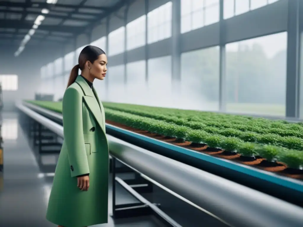 Una planta textil ecofuturista con maquinaria metálica y vegetación integrada, rodeada de arquitectura sostenible y luz natural