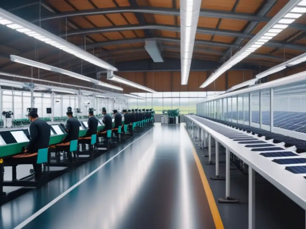 Planta textil moderna con tecnologías de fabricación moda sostenible entre vegetación y paneles solares