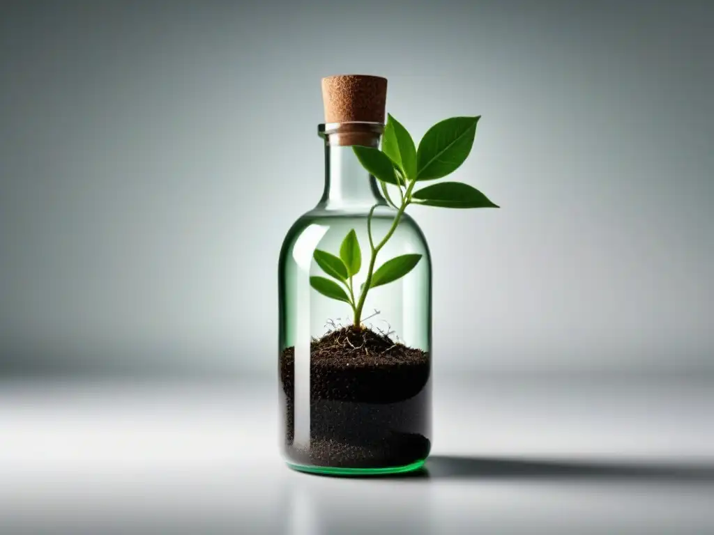 Un planta verde crece en una botella reciclada, simbolizando el upcycling como alternativa sostenible