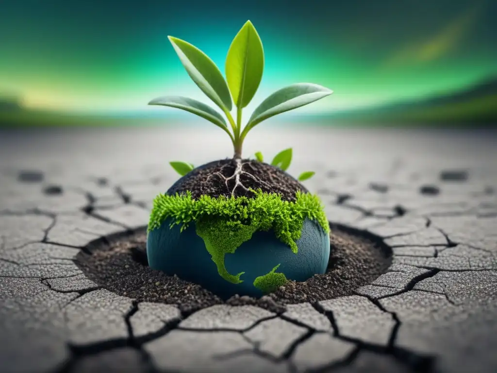 Planta verde brotando de globo agrietado, simbolizando impacto de alimentación sostenible en gases efecto invernadero