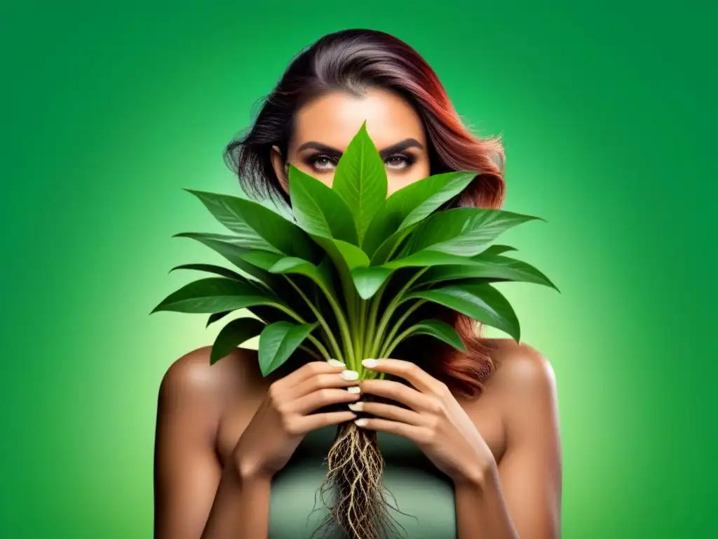 Planta verde con raíces entrelazadas en cabello brillante, simbolizando alternativas naturales cuidado cabello