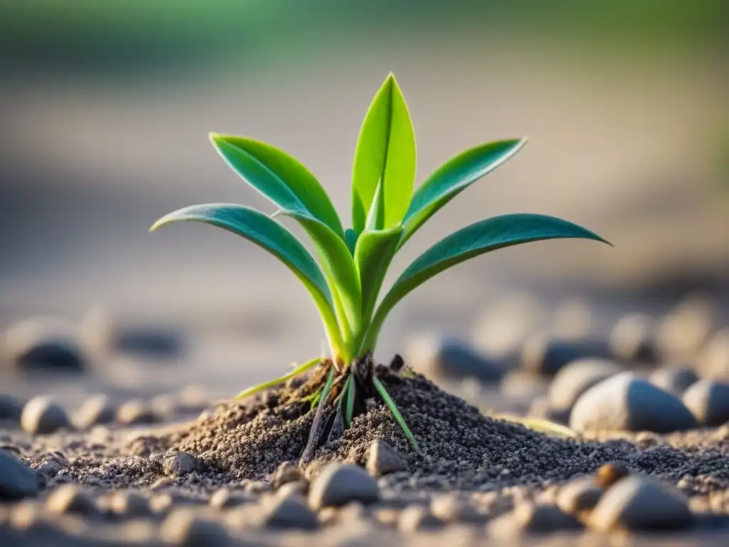 Planta verde brotando de suelo seco agrietado, simbolizando resiliencia climática en movimientos juveniles