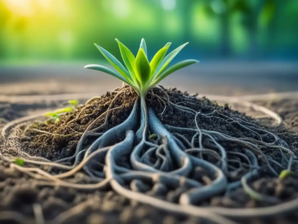 Planta verde floreciendo en tierra con raíces entrelazadas en patrón