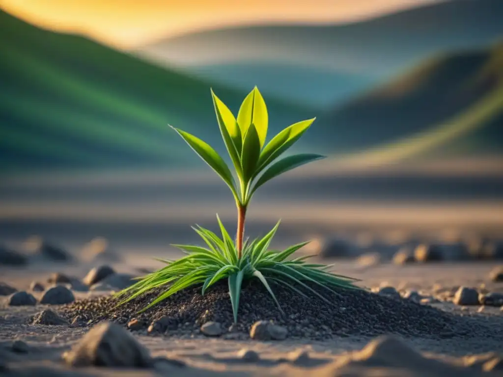 Planta verde creciendo en tierra seca, simbolizando estrategias de adaptación al cambio climático en ambiente escaso de agua