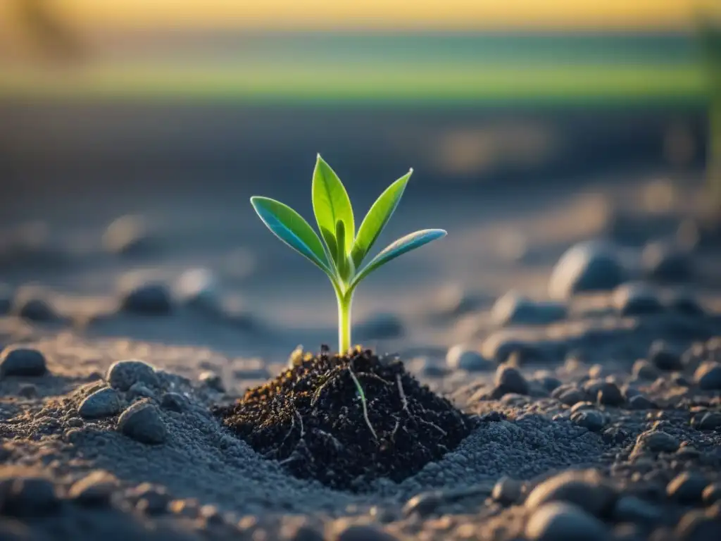 Planta verde brotando de tierra seca, simbolizando la importancia alimentación basada en plantas