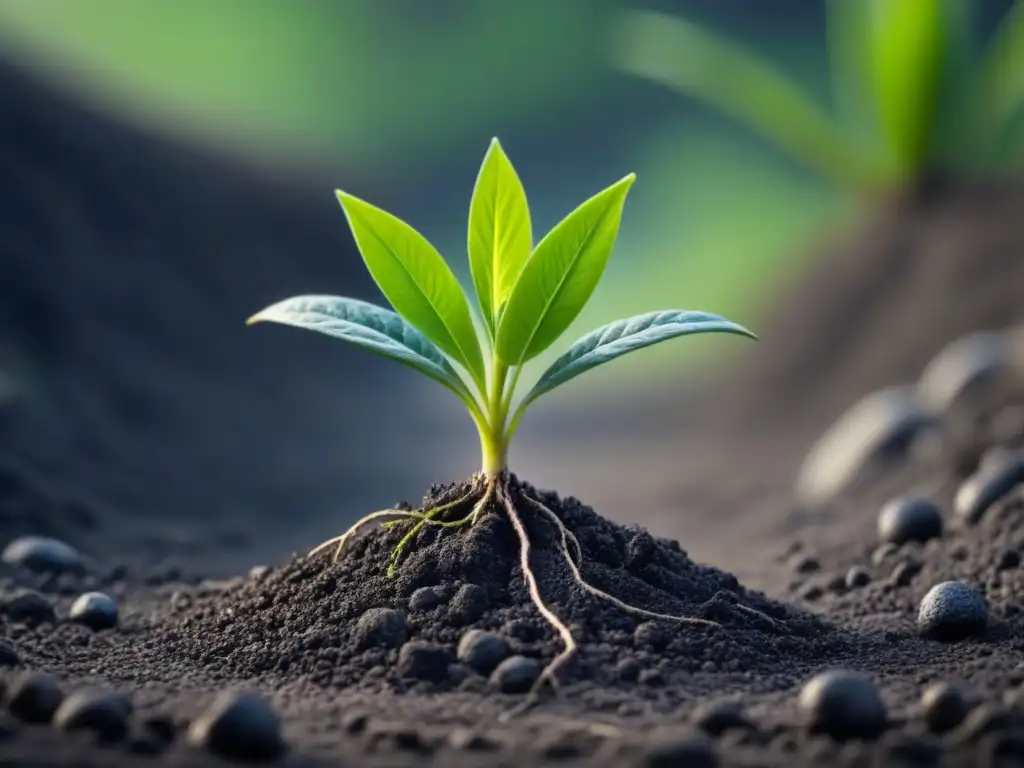 Una planta verde vibrante brota de suelo contaminado por metales pesados, sus raíces saludables simbolizan esperanza