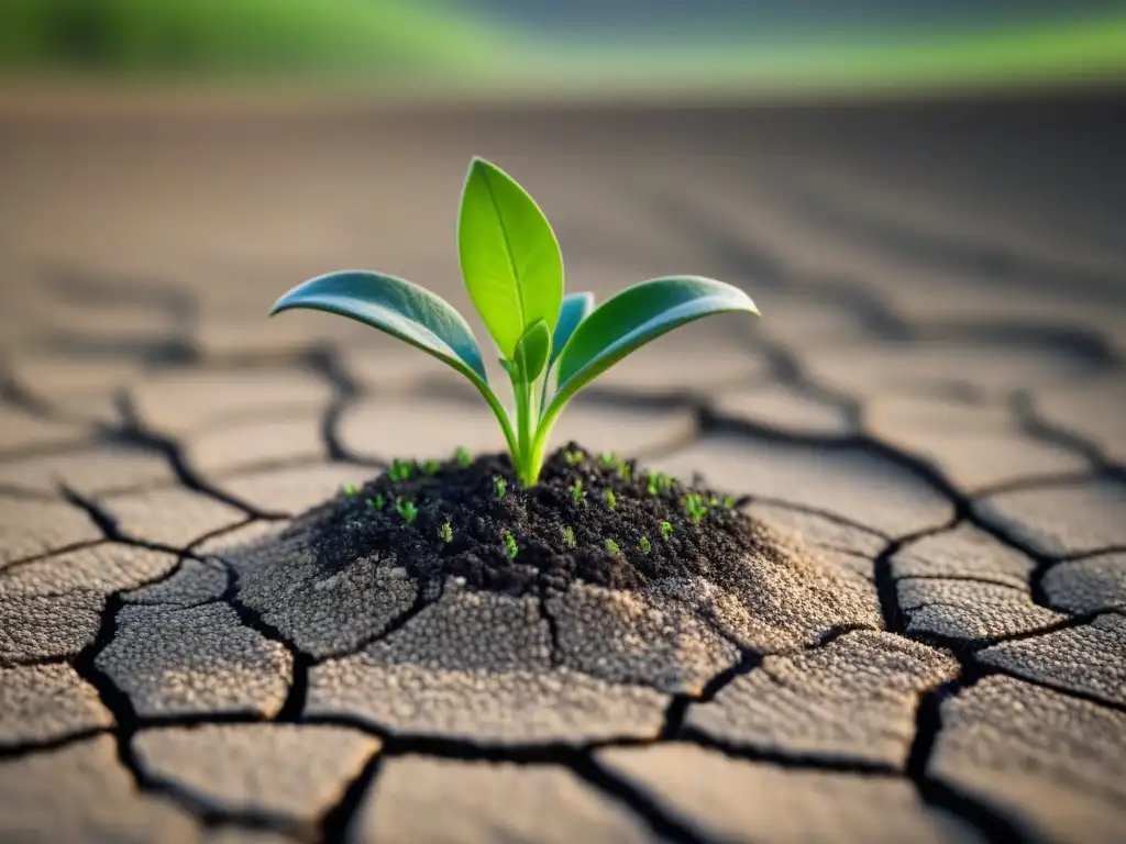 Planta verde vibrante emerge de suelo agrietado, simbolizando esperanza frente al cambio climático