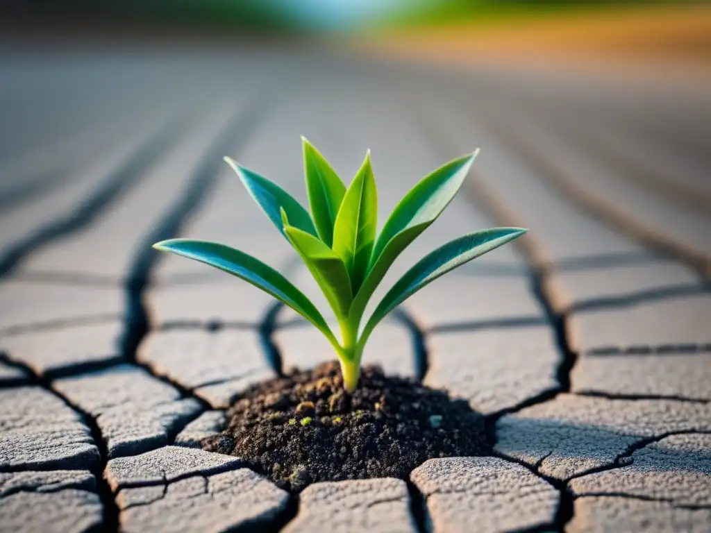 Una planta verde vibrante crece en tierra agrietada, simbolizando la Alimentación basada en plantas sostenible