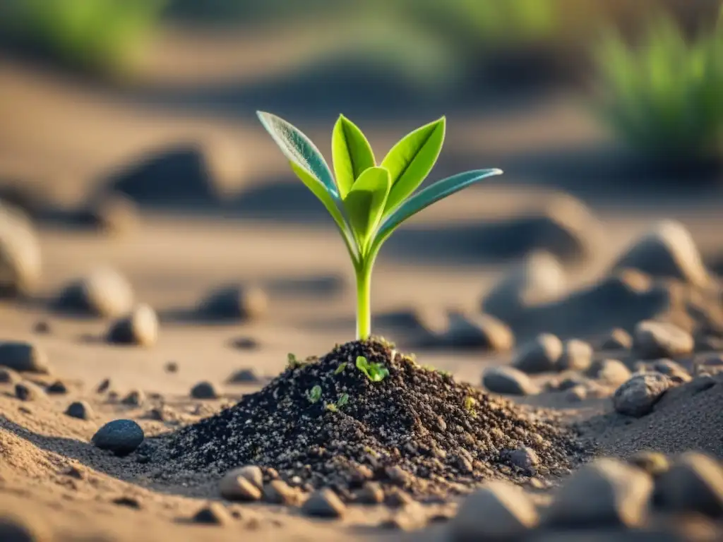 Planta verde vibrante brotando de tierra seca agrietada, simbolizando la Alimentación basada en plantas sostenible