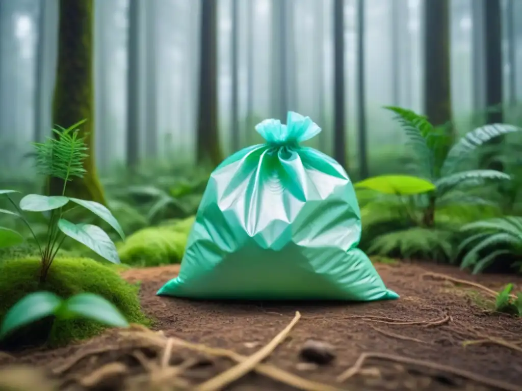 Plástico biodegradable se descompone en bosque verde, simbolizando sostenibilidad