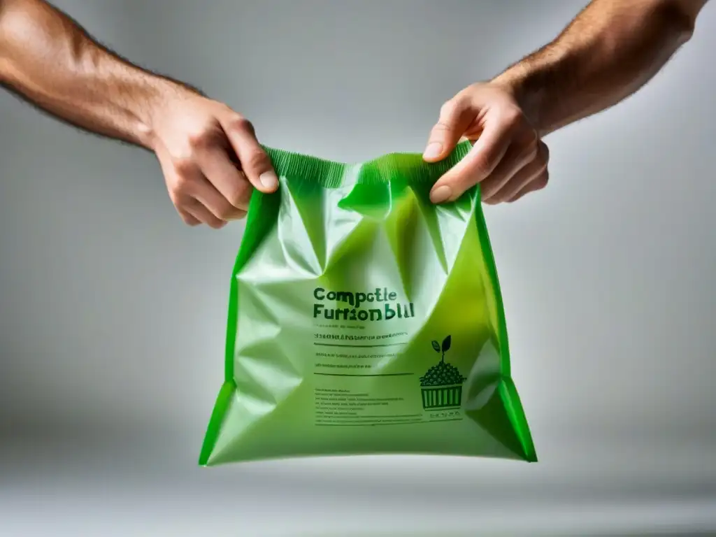 Plástico biodegradable y sostenibilidad: Bolsa transparente con cubiertos y envases vegetales sobre fondo blanco