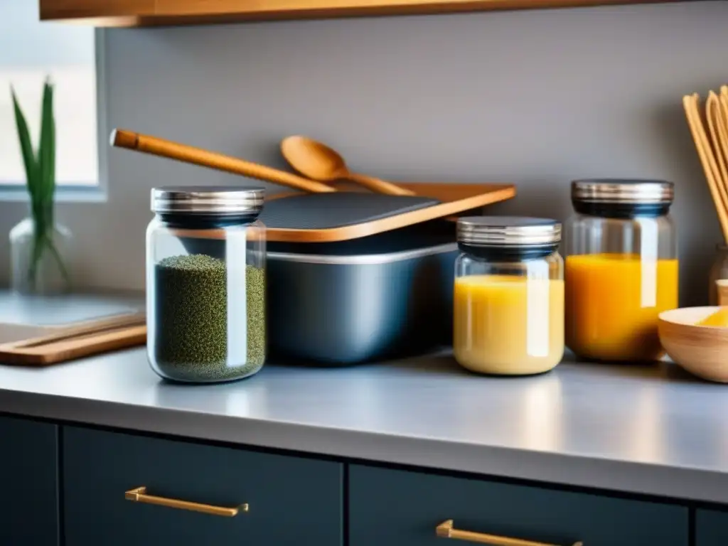 Reducir plástico en la cocina: Cocina moderna con utensilios ecoamigables como bambú, vidrio y acero inoxidable