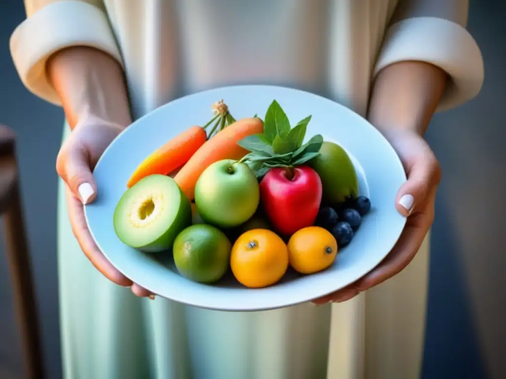 Plato blanco con frutas y verduras frescas, simbolizando la reducción de residuos en alimentaria