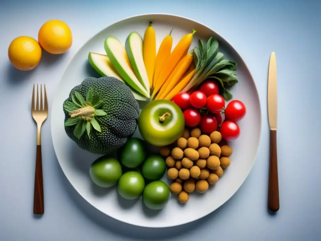 Plato blanco con frutas y verduras coloridas, simbolizando la belleza y abundancia de alimentos zero waste conservación especies