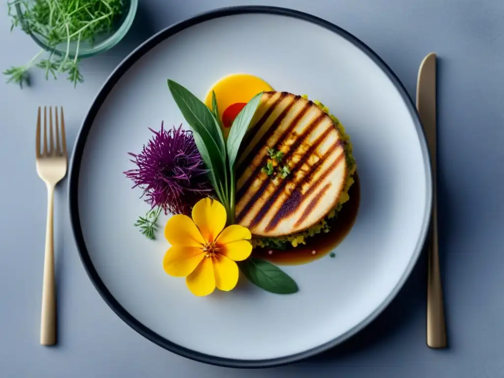 Un plato de recetas internacionales zero waste: colorido, detallado, con ingredientes sostenibles y presentación sofisticada