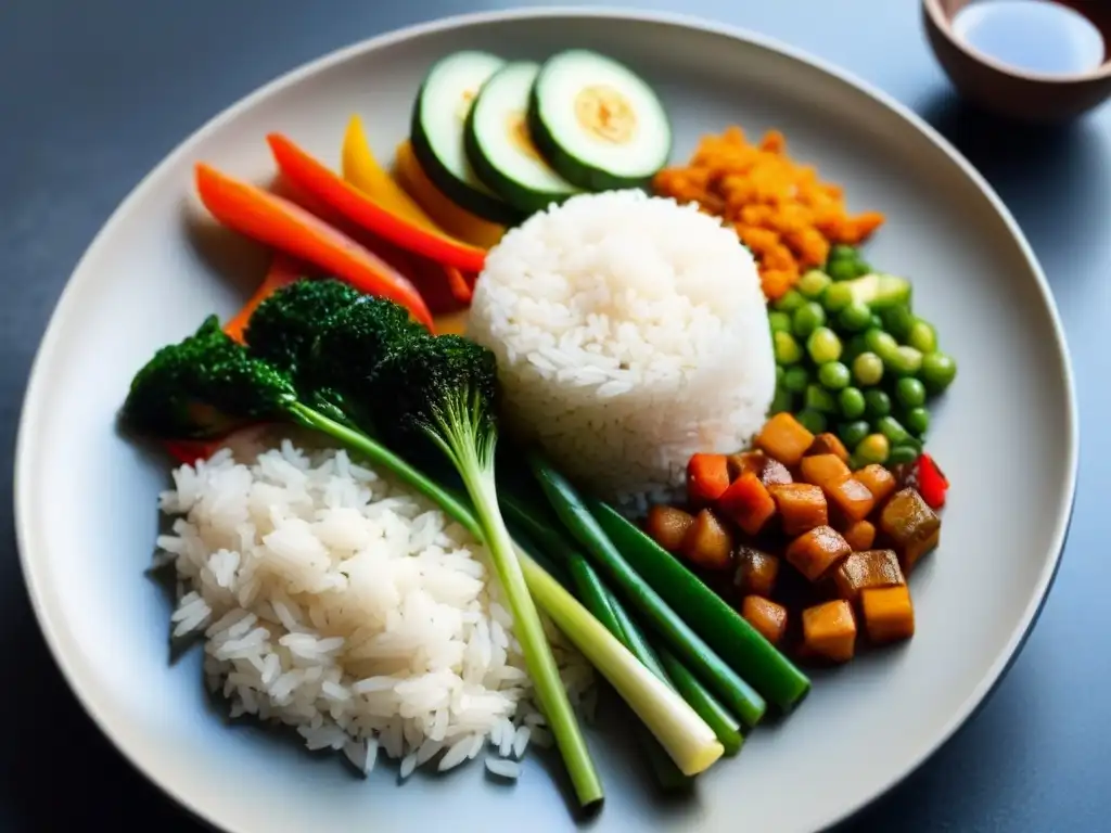 Un plato de verduras salteadas y arroz colorido, con una presentación artística y fresca