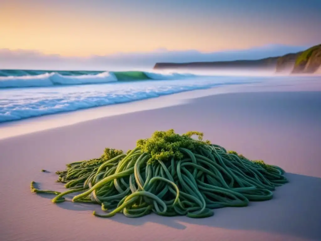 Playa al amanecer con algas para tejidos de algas moda sostenible, armonía natural