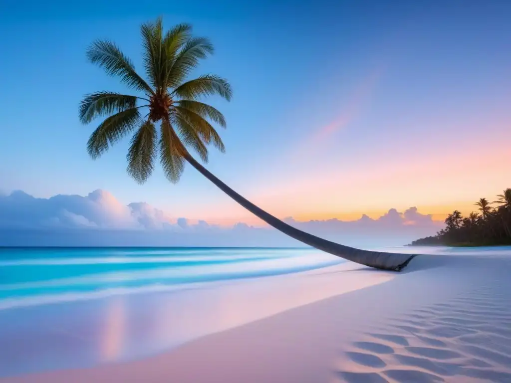 Playa de arena blanca al amanecer con aguas turquesas cristalinas