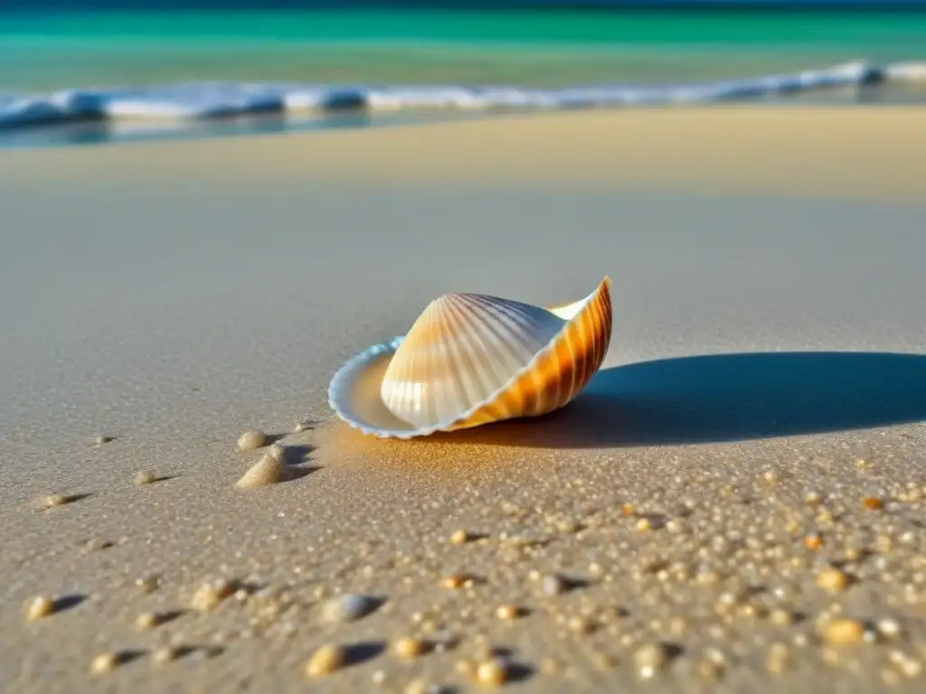 Playa de arena blanca con concha solitaria en centro, conciencia ecológica medios impacto