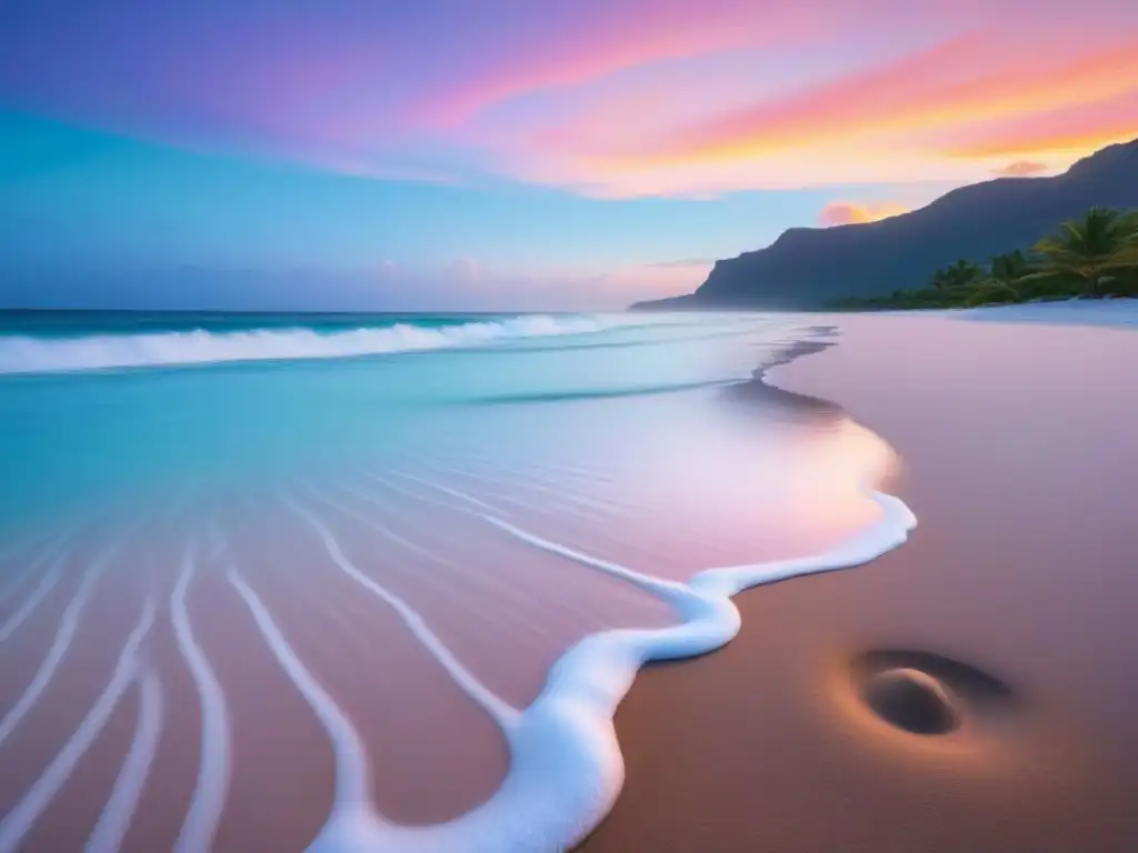 Playa virgen al atardecer, aguas turquesas y arena blanca, sin residuos plásticos