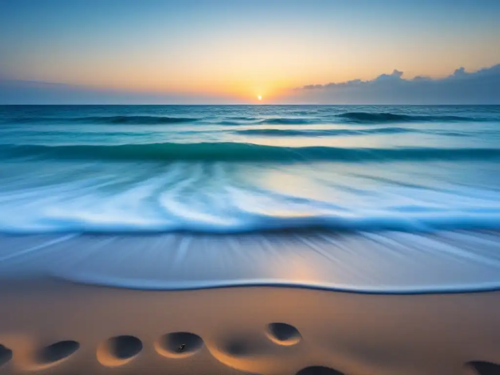 Playa virgen al atardecer, arena iluminada por suave luz dorada y agua azul