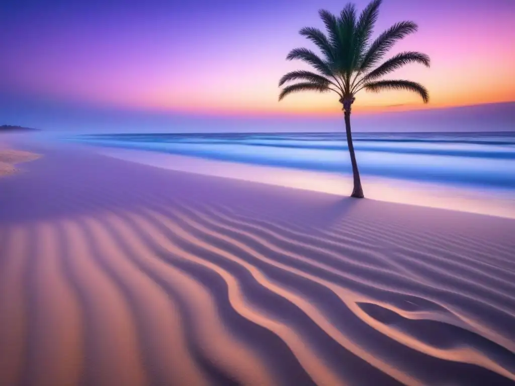 Playa virgen al atardecer con suaves olas, arena dorada y palmera solitaria