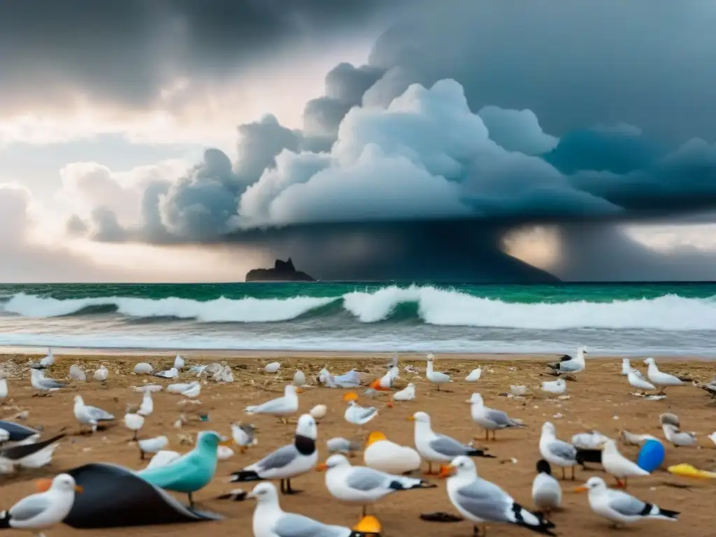 Playa prístina cubierta de basura plástica con gaviotas