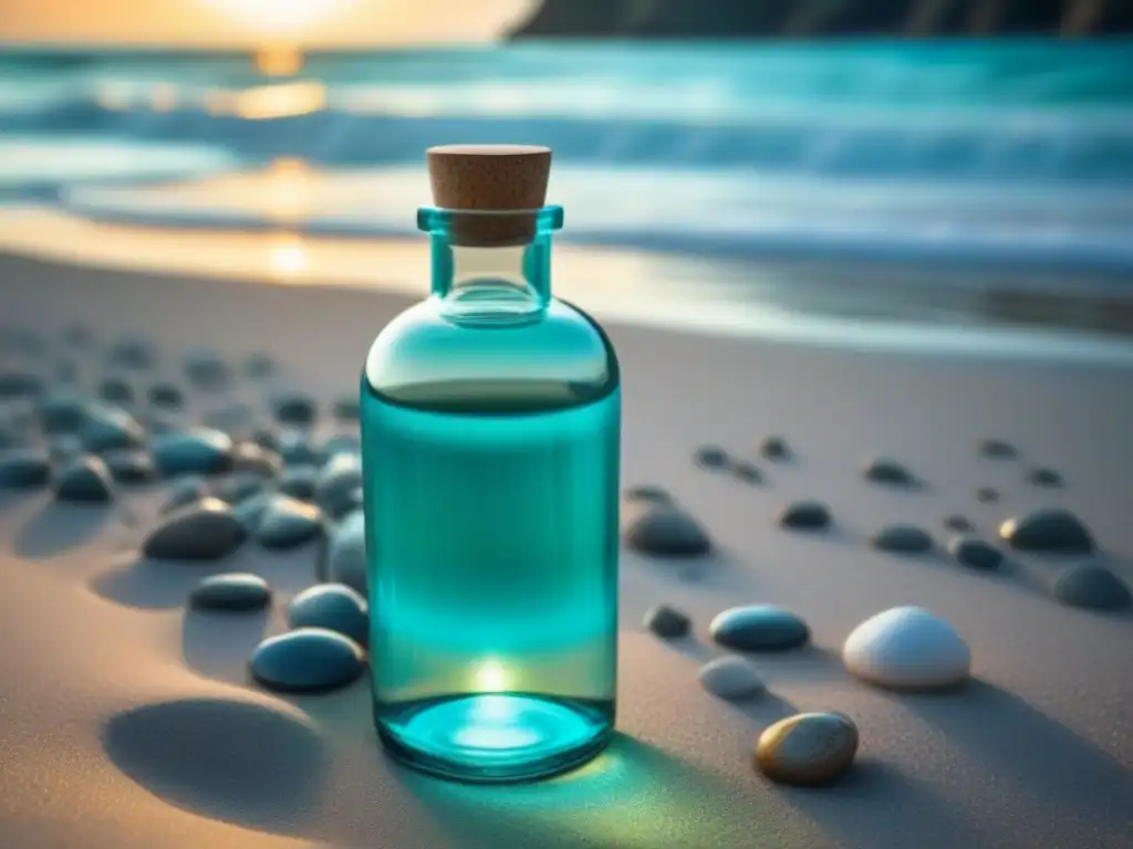 Playa de ensueño con botella de vidrio brillante, promoviendo un estilo de vida sostenible y comercio internacional residuos sostenible