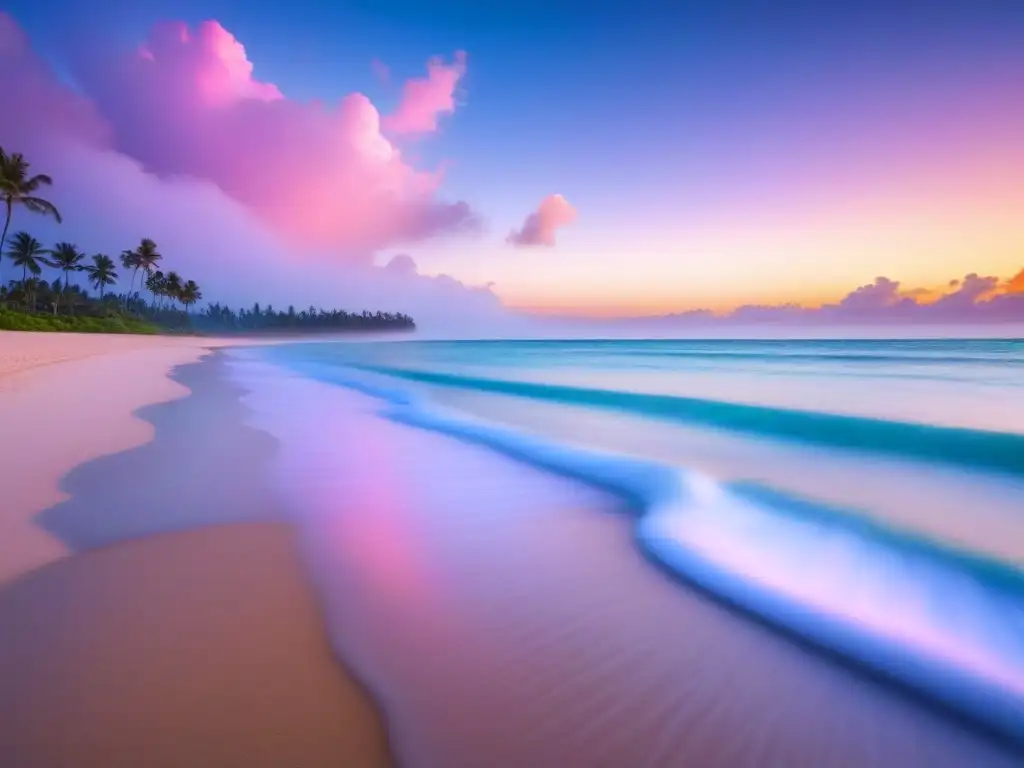 Playa virgen al amanecer con olas suaves, arena dorada y mar turquesa