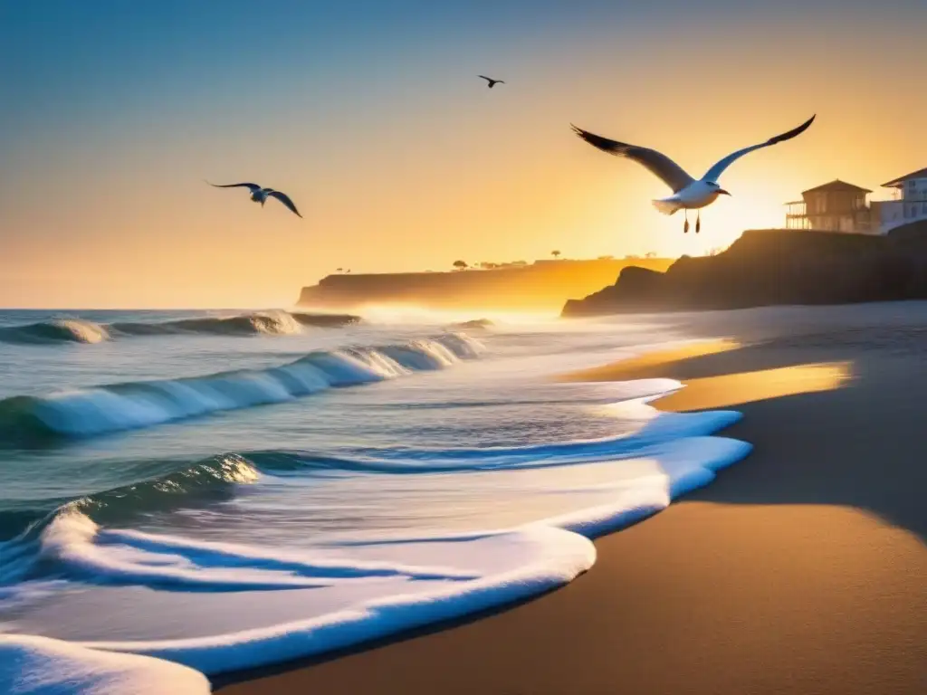 Playa virgen al amanecer, con olas suaves y gaviotas en vuelo